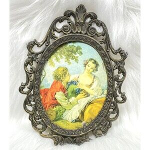 Vtg Italian Brass Ornate Oval Frame Romantic Couple Wall Decor 5" Hanging